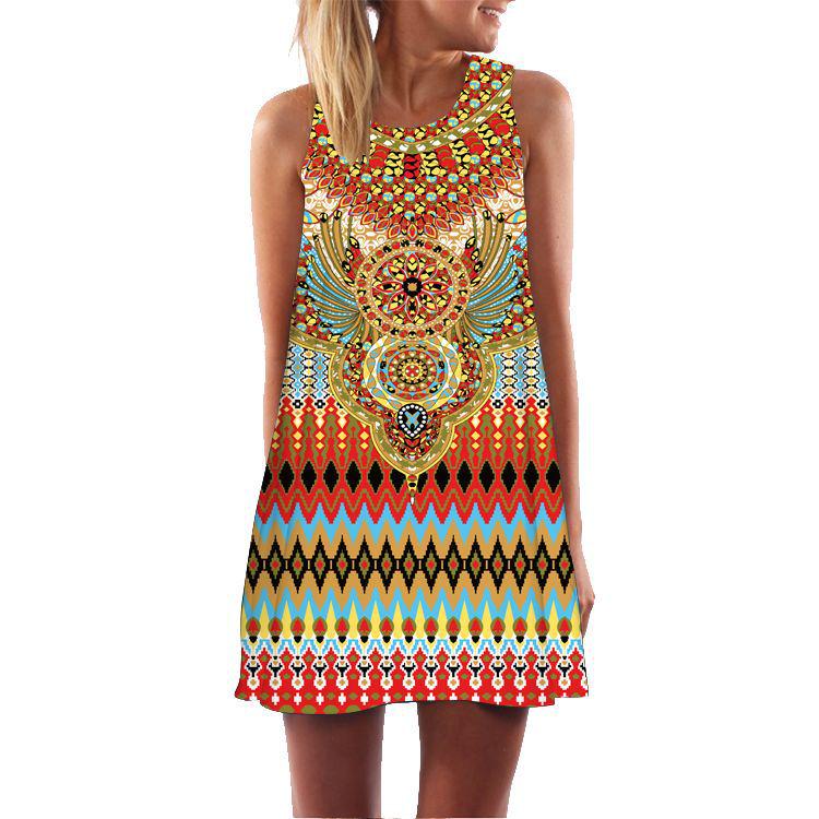 European and American Summer New Retro Digital Printing Round Neck Hot-selling Off-the-shoulder Medium and Long Vest Dress