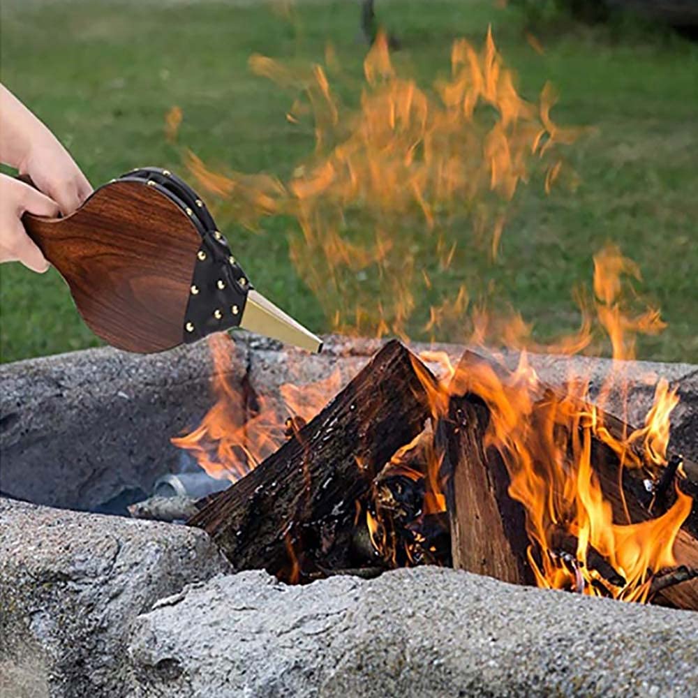 Manual Wooden Handicraft Fireplace Blower Hand Fan Leather for Fireplaces BBQ and Camping, Bellow with Hanging Leather Strap