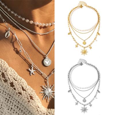 Four Layer Necklace with Sunflower Starfish Pendants Stylish Neck Chain Jewelry Gift for Women Girls Layered Neckwear