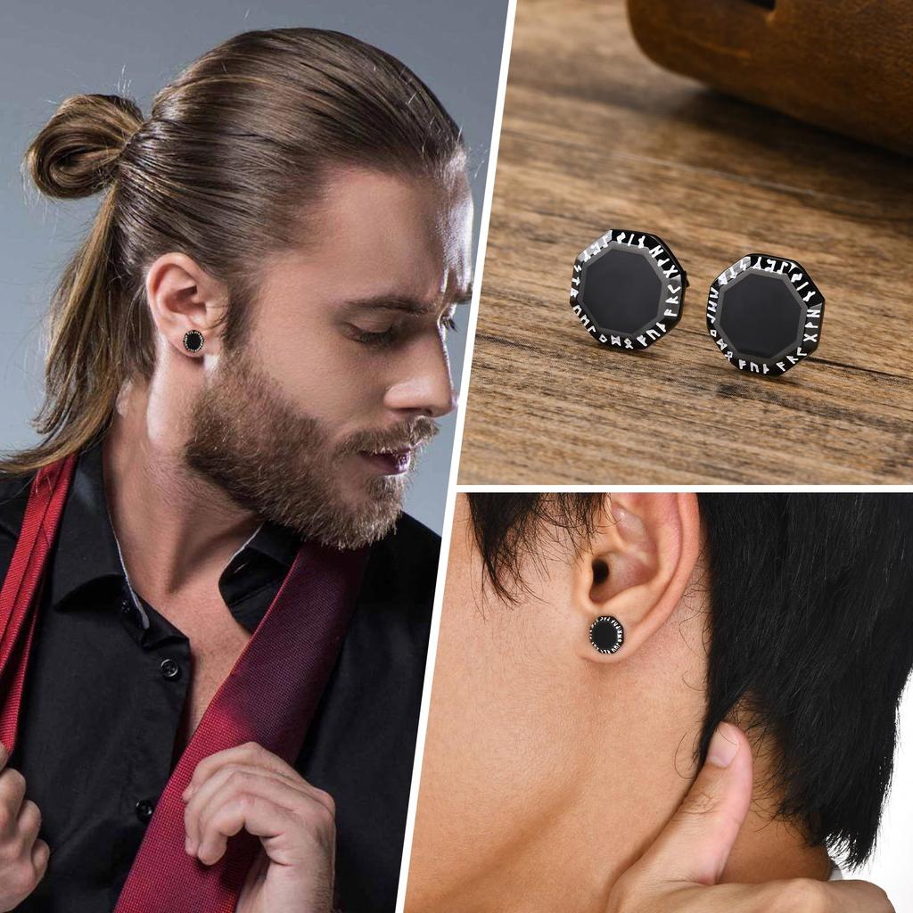 Vnox Octagon Triangle Earrings for Men, Stainless Steel Viking Rune Almut Stud Earrings, Geometric Ear Jewelry