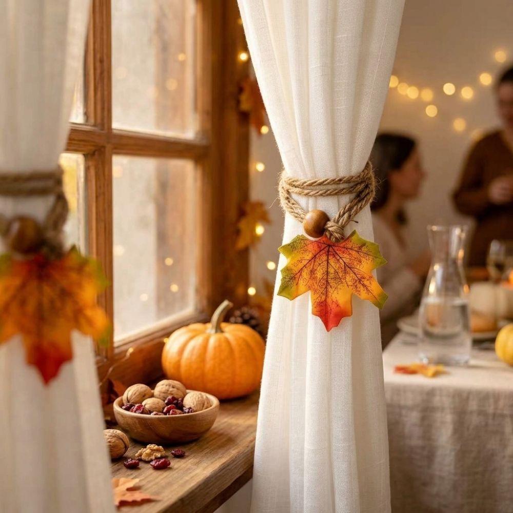 2Pcs Handcrafted Autumn Curtain Hold Back Simulated Maple Leaf Fall Leaf Curtain Strap Thanksgiving