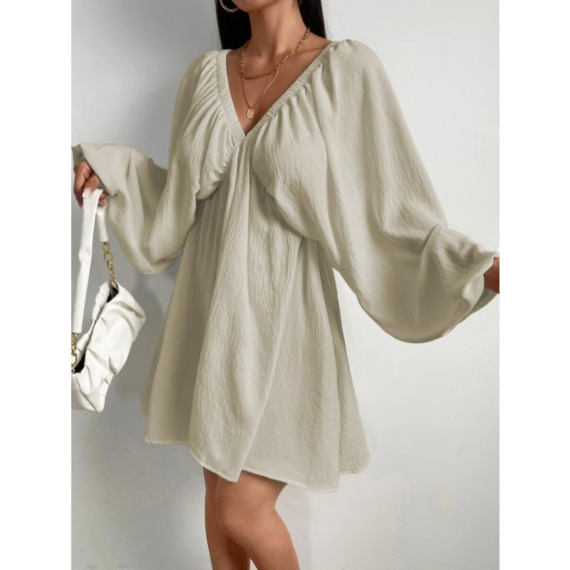 Elegant Fashion Deep V-neck Long Sleeved Women Dress Spring Summer Simple Casual Loose Sexy Solid Color A-line Party Dress Female Office Ladies