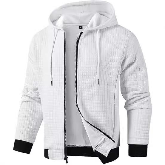 Quilted Hooded Zip-Up Jacket with Adjustable Drawstring, Ribbed Cuffs and Hem, Available In Beige, White, Black, Light Gray, Dark Blue