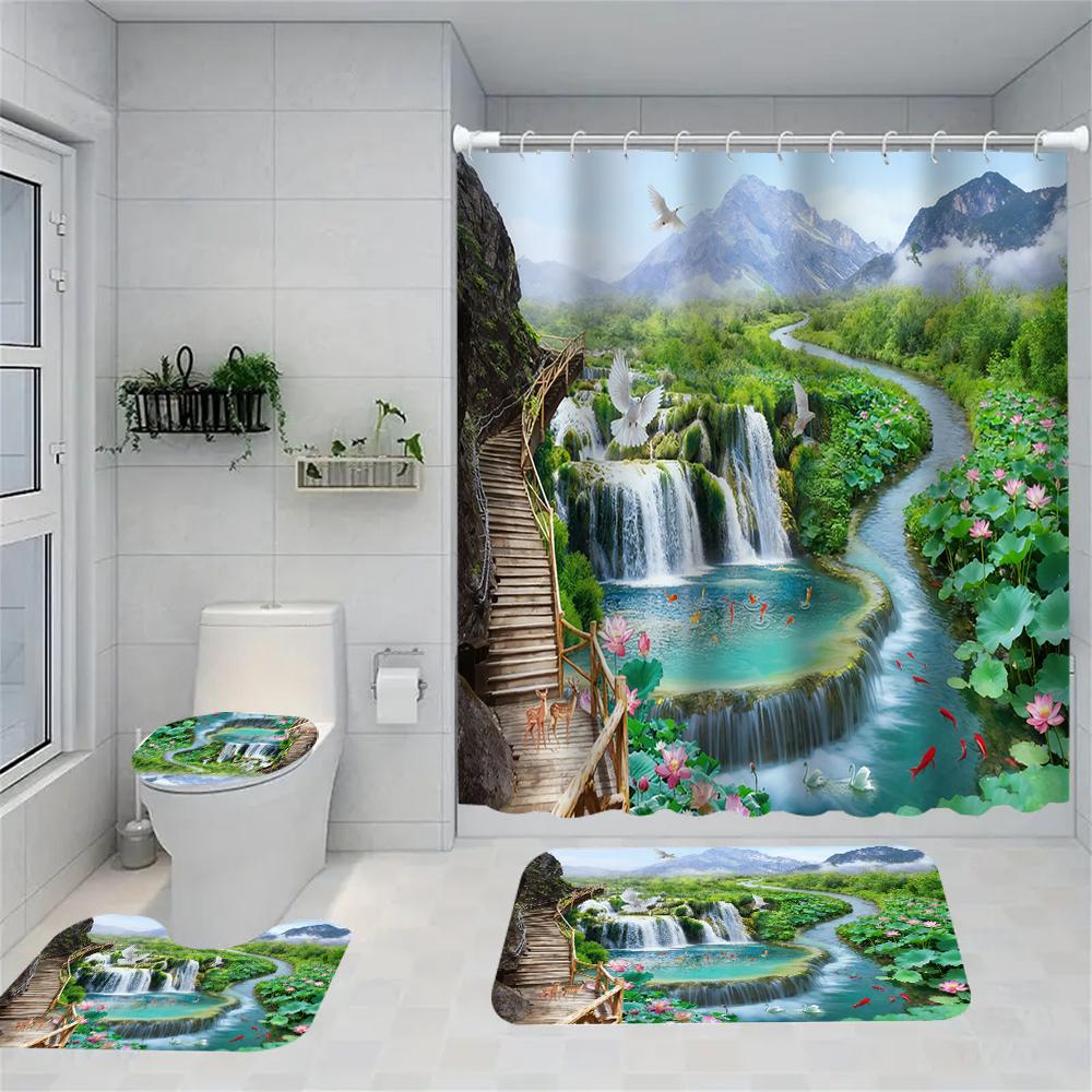 1/4 Forest Waterfall Print Shower Curtains, Toilet Seat Decoration, Shower Curtain with Carpet and Toilet Lid, 70.8x70.8 Inch