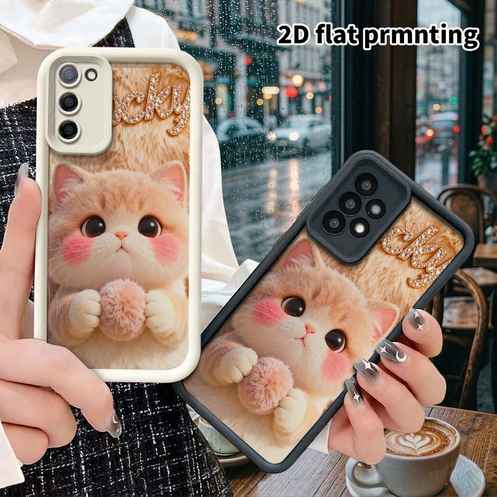 Phone Case: 2D Flat Samsung Galaxy A34 A35 M05 M06 S20 S22 S21 FE Plus 5G Step Protective Case, Plush Light Orange Cat, Christmas and Halloween Gift