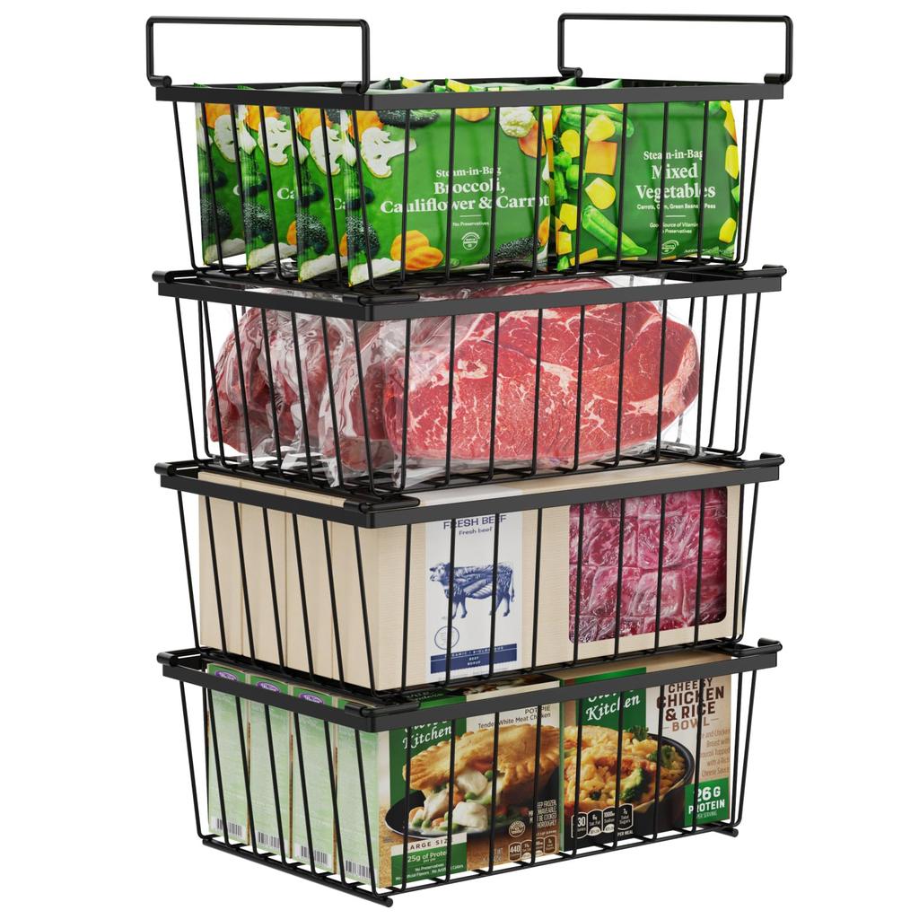 4 Pack Freezer Organizer Bins Stackable Deep Freezer Bins for 5 Cu Ft Chest Freezer Easy Access Food Space Saving Black Durable