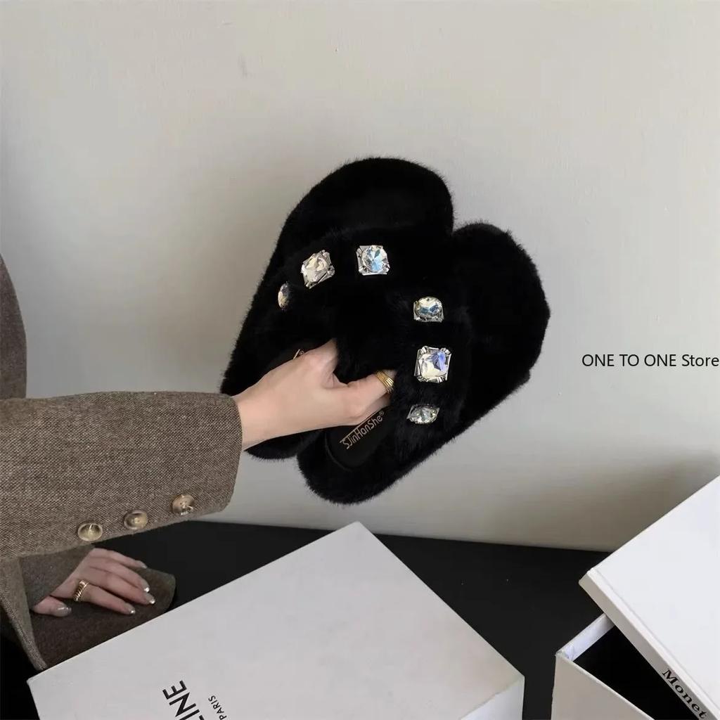 Fashion 2025 Home Woman's Slippers Slides Jelly Flip Flops Fur Sliders Fashion Platform 2024 Glitter Plush Luxury Crystal Glitter Slides