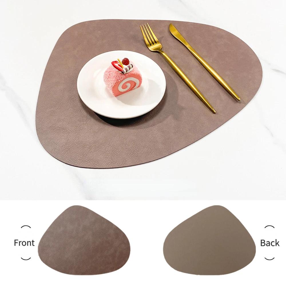Double Sided Anti Slip PU Insulation Pad Table Mat, Nordic Style Imitation Cowhide Pattern Water Droplet Shaped Leather Placemat