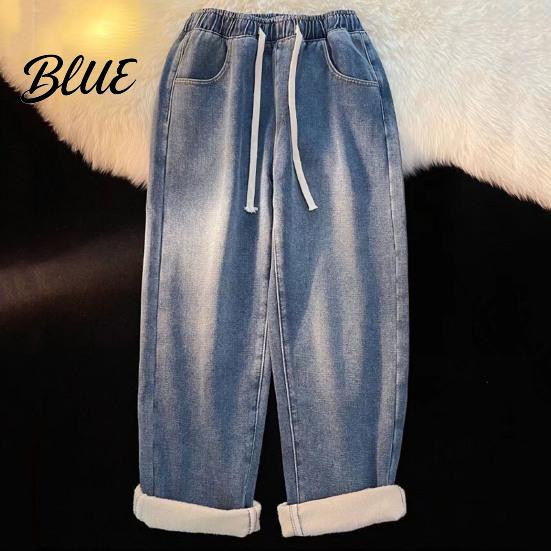 Solid Color Jeans Pants Loose Waist Adjustable Mid-rise Elastic Women Winter Drawstring Sport Fit