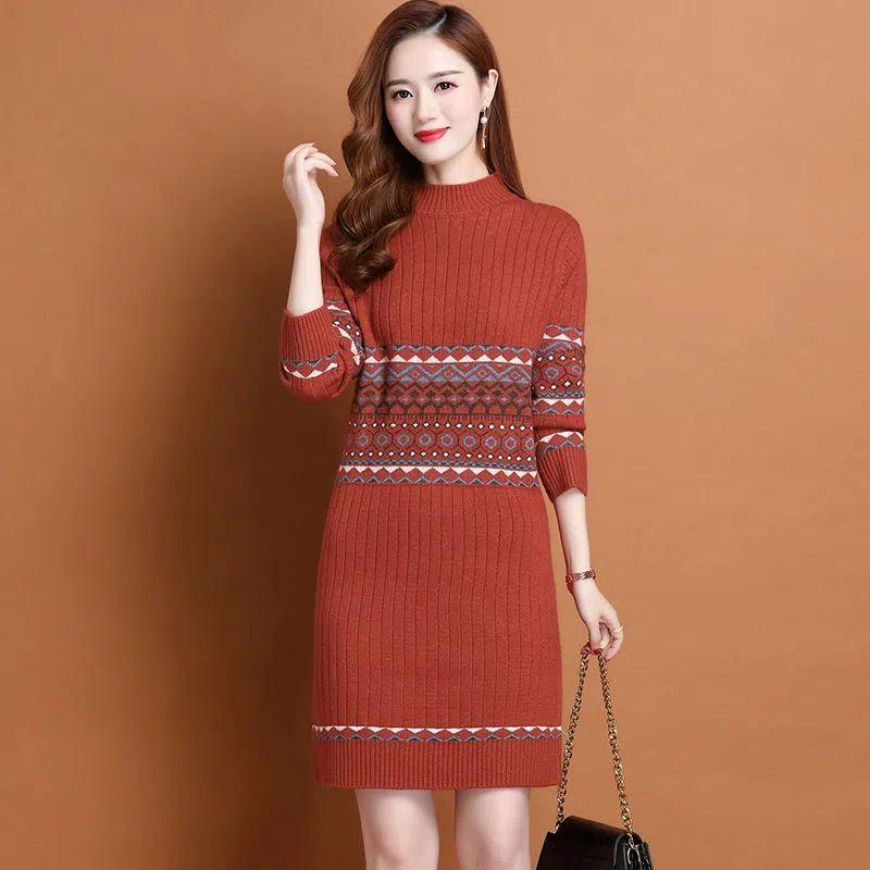 Slim Sweater Dress for Women In Winter Thickened and Warm Half Turtleneck Pullover Solid Color Casual Mid-length Knitted Sweater