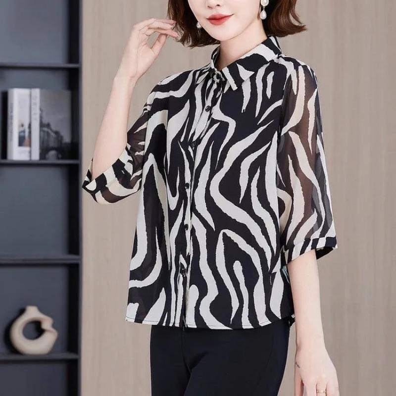 Women Black White Zebra Print Half Sleeve Chiffon Button Down Shirt XL чёрный