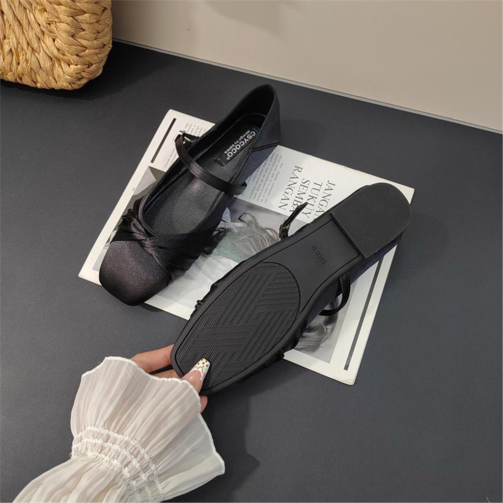 2025 autumn square head gentle temperament Mary Jane shoes one-word buckle bow French flat bottom shallow mouth single shoes