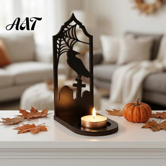 Halloween Table Centerpiece Candle Holder, Gothic Hollow Silhouette Holder for Tea Lights, Dark Bat Shaped Light Style Pumpkin Ghost Cat Tabletop