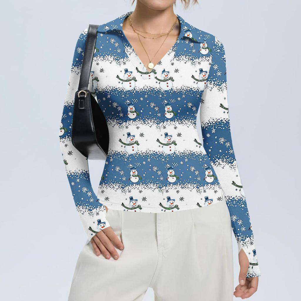 Damenmode Lässig Weihnachts-Print V-Ausschnitt Langarm Knopfleiste Oberteil
