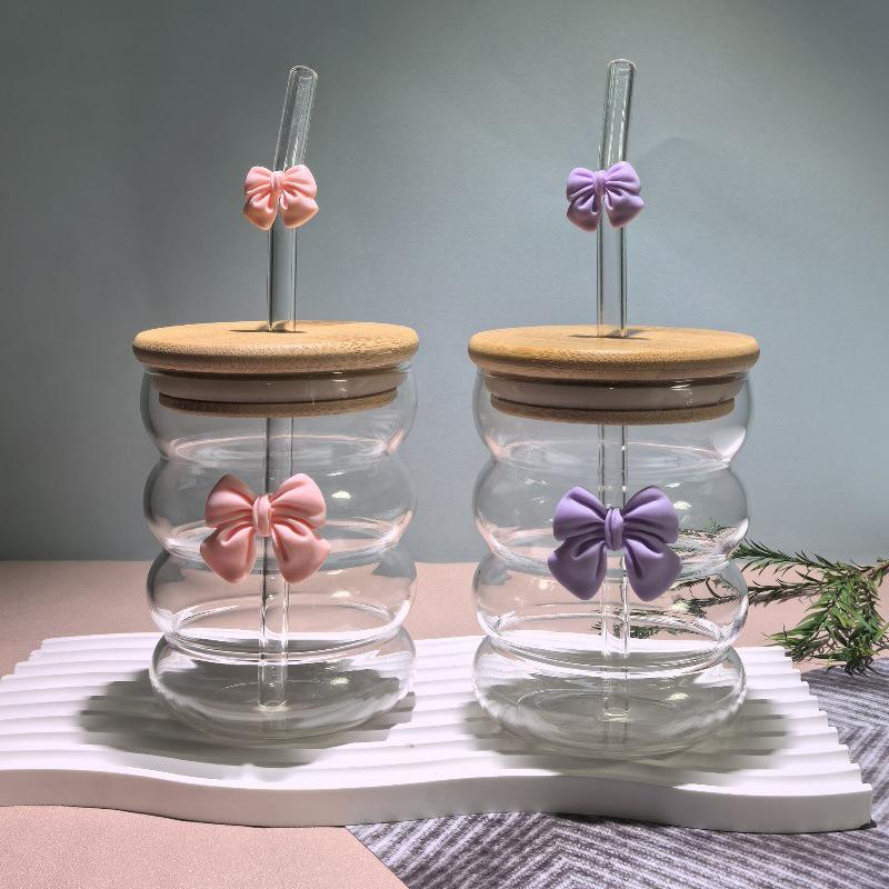 Sløyfe Glass Søt Vannkopp Tegneserie Sløyfe Glasskopp Stripete Søt Doodle Kaffekopp Husholdning Fruktte Sitronade Jentegave