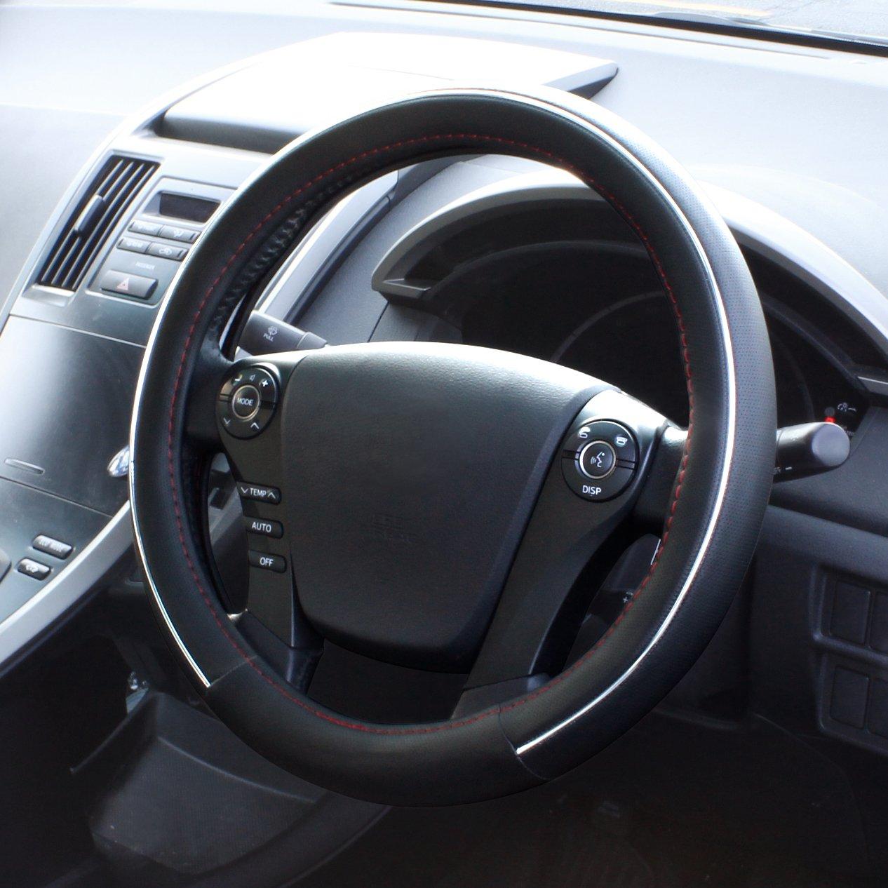 Tsuchiya YAC Hybrid Leather Steering Wheel Cover, Medium, Black/Red, K-D206