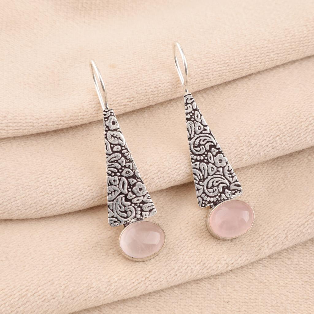 Natural Rose Quartz Gemstone 925 Sterling Silver Jewelry Handmade Earrings 1.9" EE-165-24