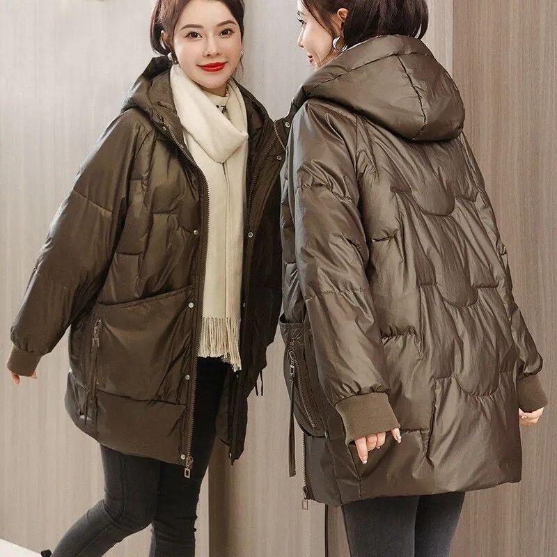 Women's Winter Causal Solid Color Warm Jacket, Women's Hooded Casual Medium To Long Jacket