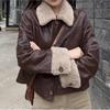 Brown cotton leather jacket short locomotive clothing imitation lamb fur jacket women's autumn and winter cotton-padded clothing short fashion