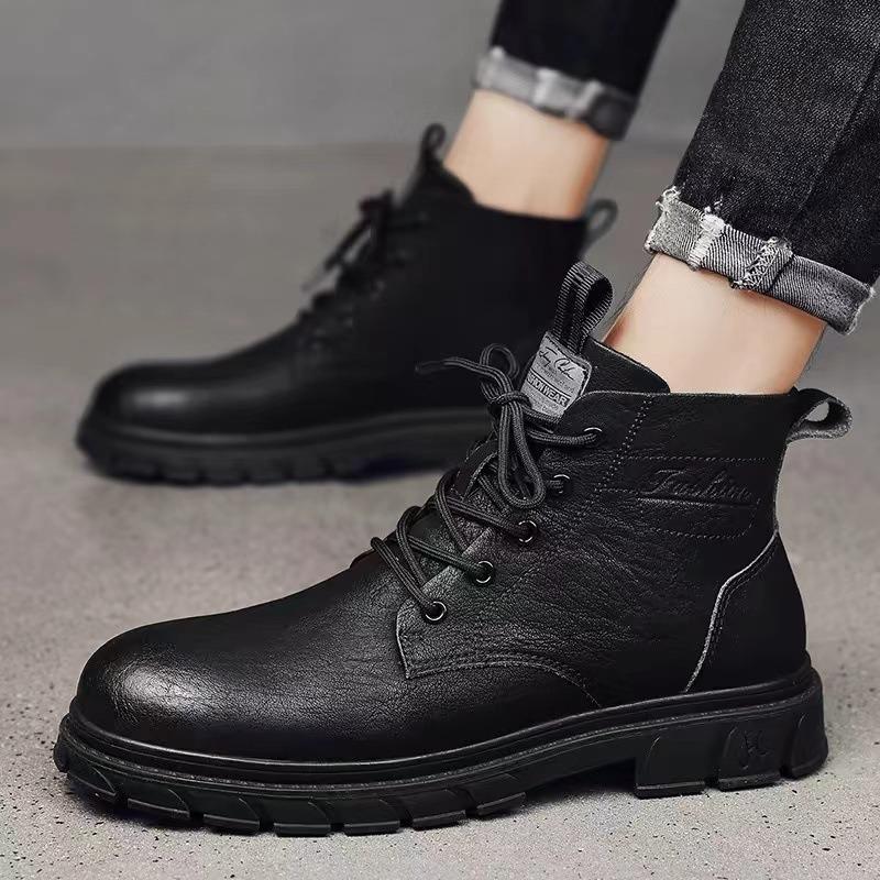 Fashion Boots Men's New Trendy British Style High Top Men's Shoes Casual Black Soft Soled Workwear Leather Boot Waterproof Boots for Men