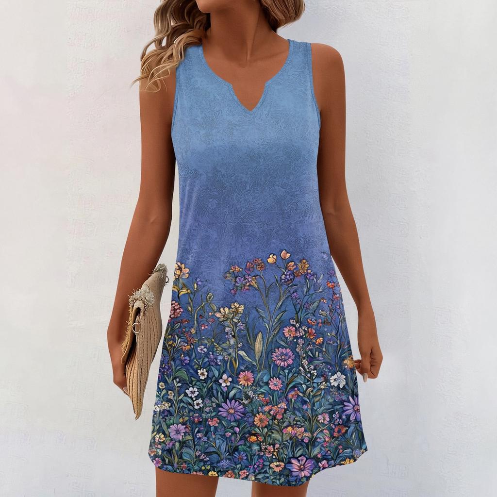Women Summer Dresses V-Neck Print Sleeveless Sundress Casual Dress