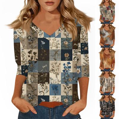 Women's T Shirt Print 3/4 Sleeve Daily Weekend Fashion Basic V- Neck Regular Top