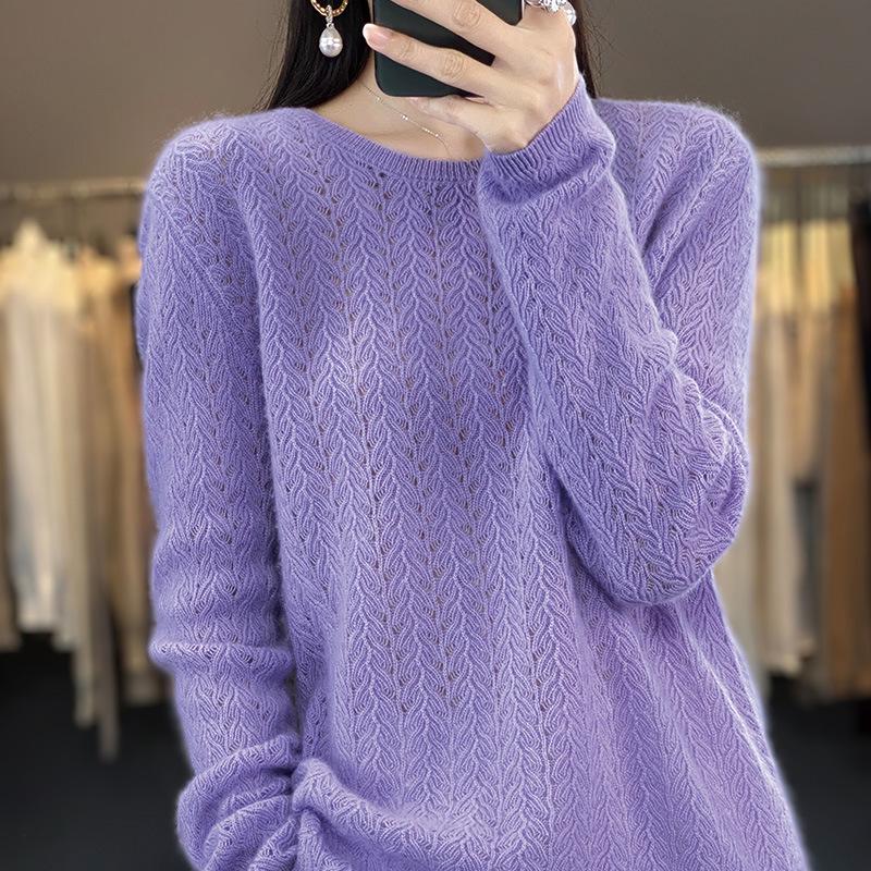 

Женский свитер из 100% шерсти с вырезом на круглом вырезе - Длинный рукав, Свободный крой, Универсальный трикотаж для осени/зимы S (85-100 lbs)