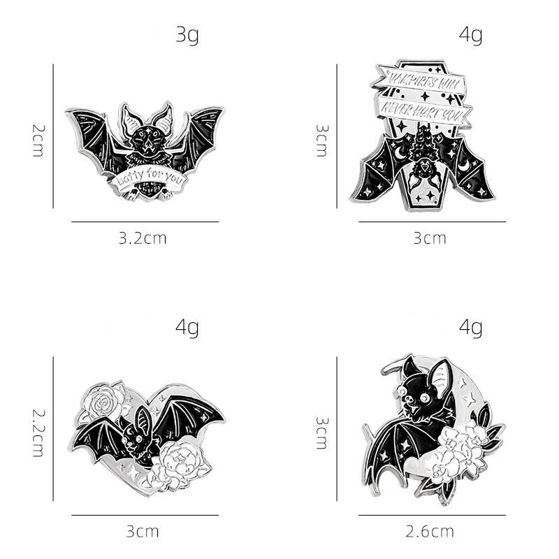 4 Styles Punk Dark Night Bat Theme Enamel Brooches With Flower Moon Heart Coffin Shaped Batty For You Darkness Lapel Pins