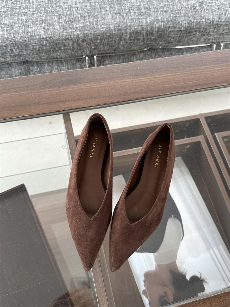 Retro Flat Heel Pointed Head Shallow Mouth Single Shoes Women's Shoes Suede Temperament One Pedal V Mouth Soft Sole Inner Height Increase Flat Shoes