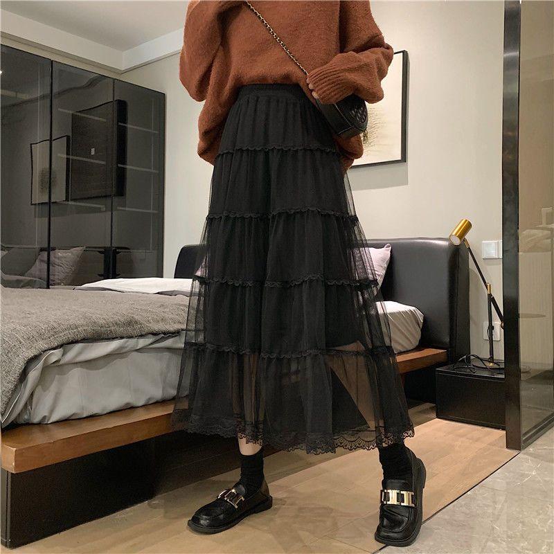 Sweet Mesh Skirts Women Korean Fahion Lace Cake Long Skirts Y2K Faldas Spring Female Elegant Chic Ruffle Maxi Skirt