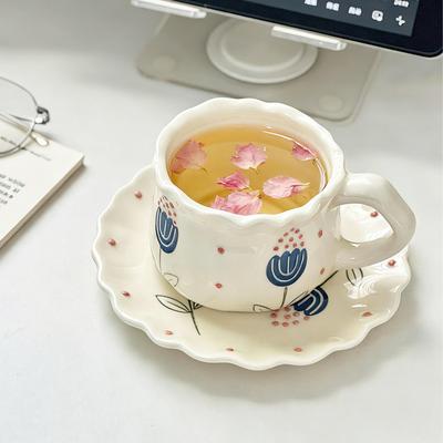 Handbemalte Tulpen-Kaffeetasse Untertasse kreatives Kaffeetassen-Untertassen-Set Nachmittagstee hochwertiger Keramikbecher Damen-Wasserbecher