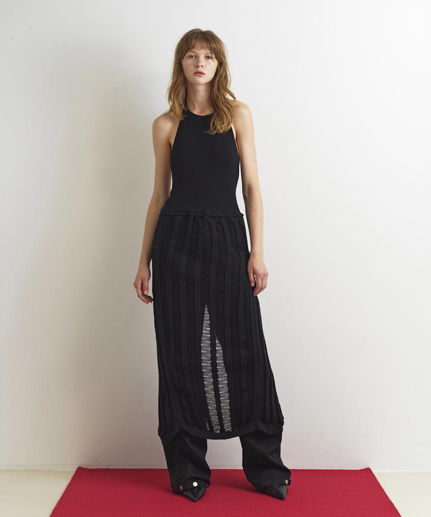 Aobteu Layered Halter Neck Knit Dress - Black