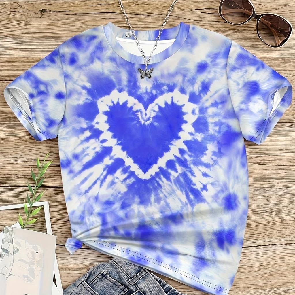 Girl Clothes Child T-Shirt Short Sleeve Heart Print Tie Dye Girl T-Shirt Top Casual Tees Kids Summer Clothes Children's Clothing