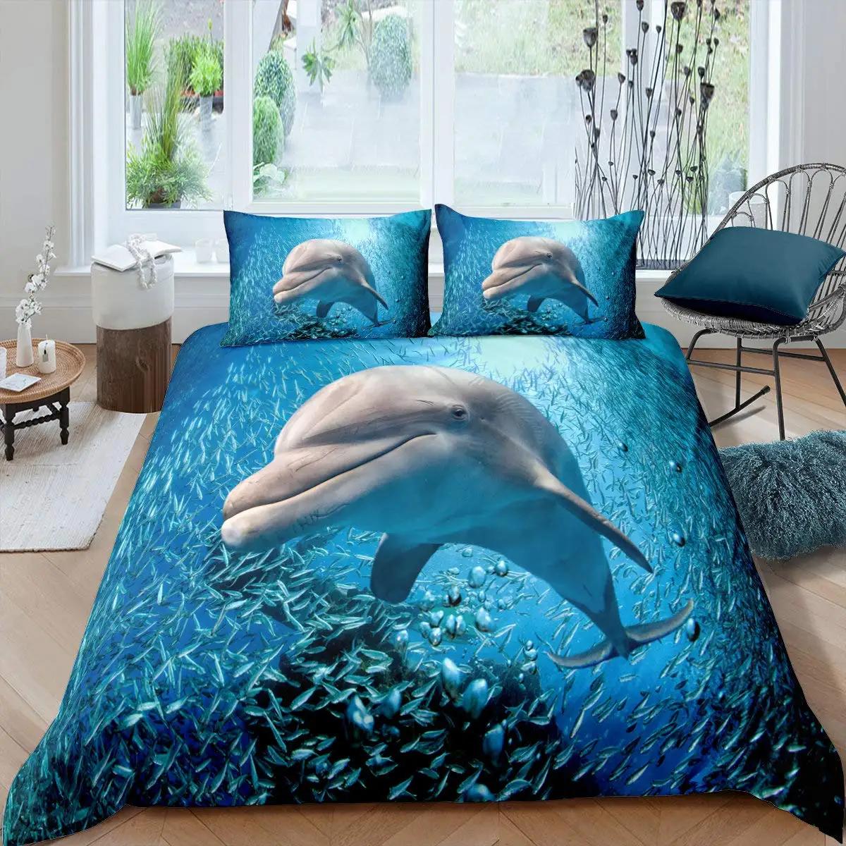 

3D Dolphin In Blue Sea Queen King Size Bedding Sets Animal Single Quilt Duvet Cover Set Kids Adult Bed Polyester Bedclothes EU Single(135x200cm)