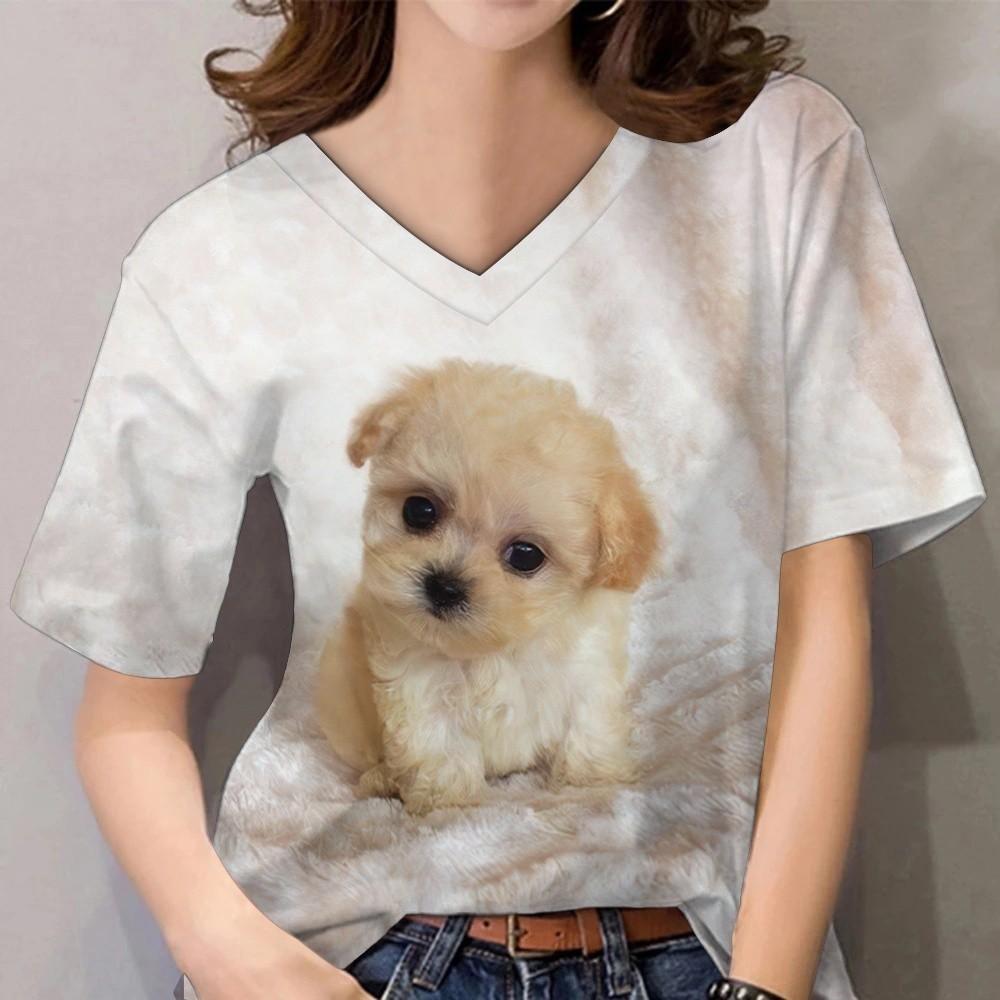 

V-neck summer printed dog T-shirt - Harajuku oversized women s top 5XL