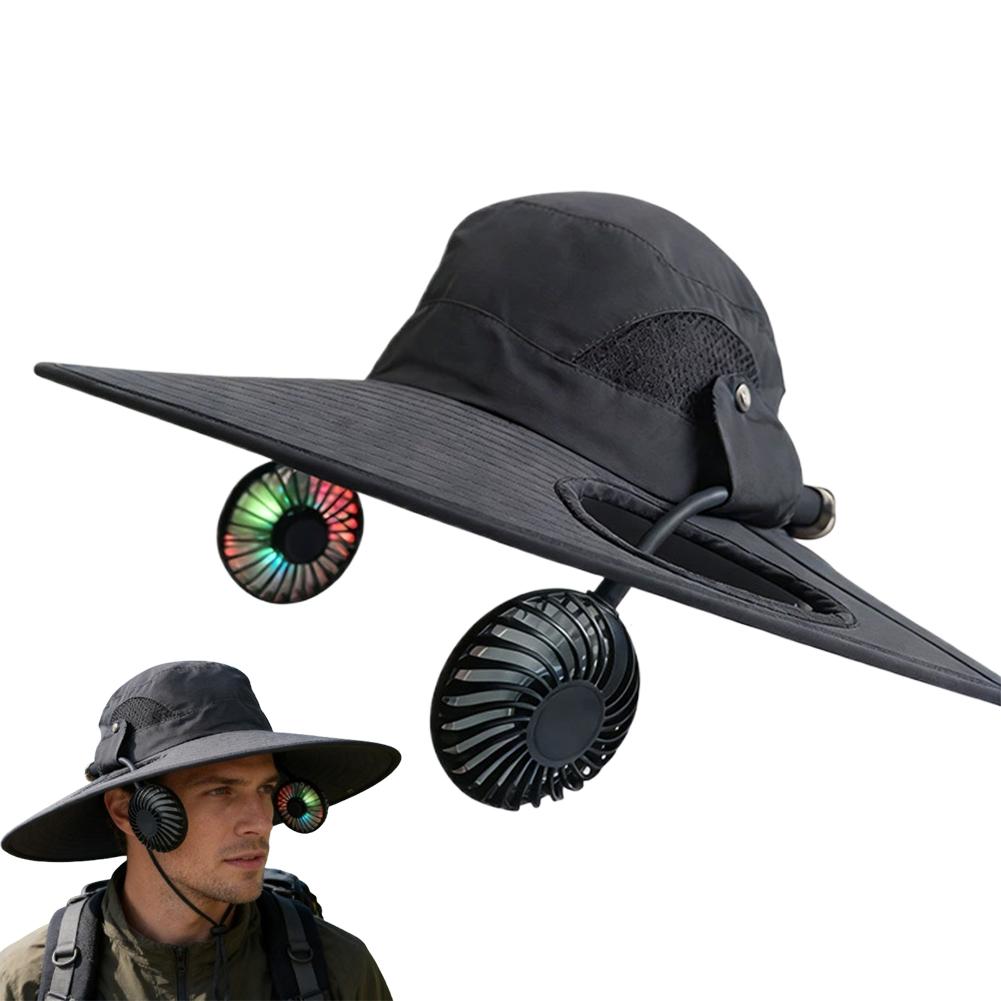 Summer Mens Wide Brim Solar Fan Hat Outdoor Protection Sun Hats With 2 Solar Fan Hiking Fishing Solar Powered Visor Cap Dropping