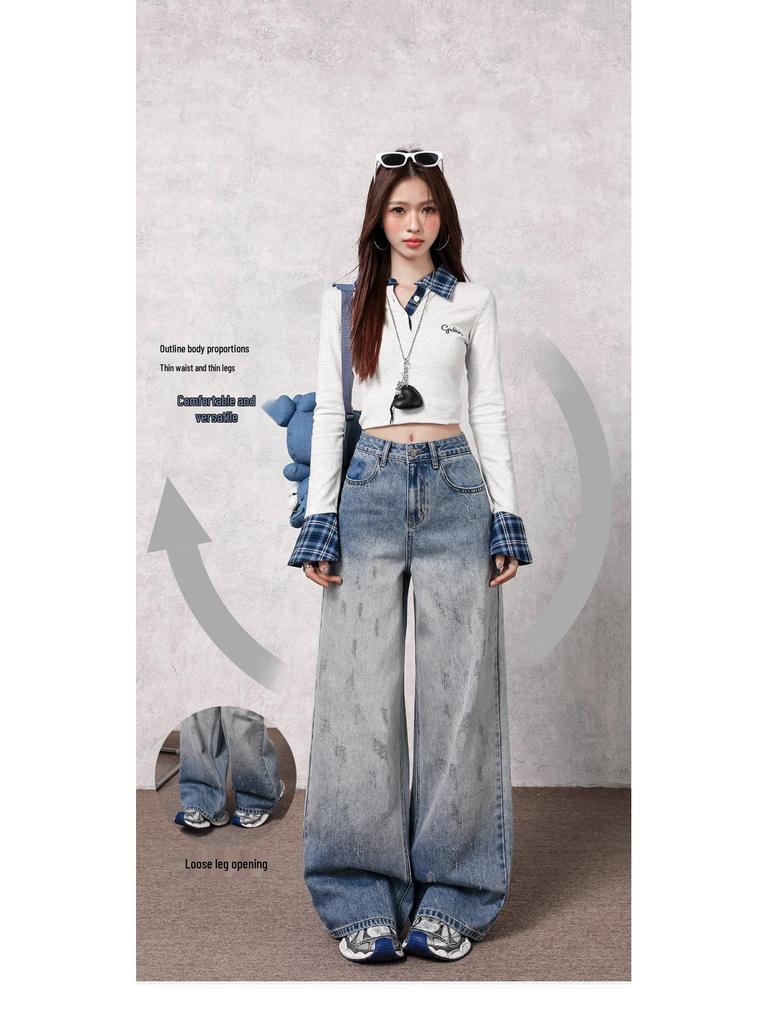 Autumn Gradient Retro Women's High Waist Wide-Leg Jeans - Hong Kong Style, Floor-Length Pants