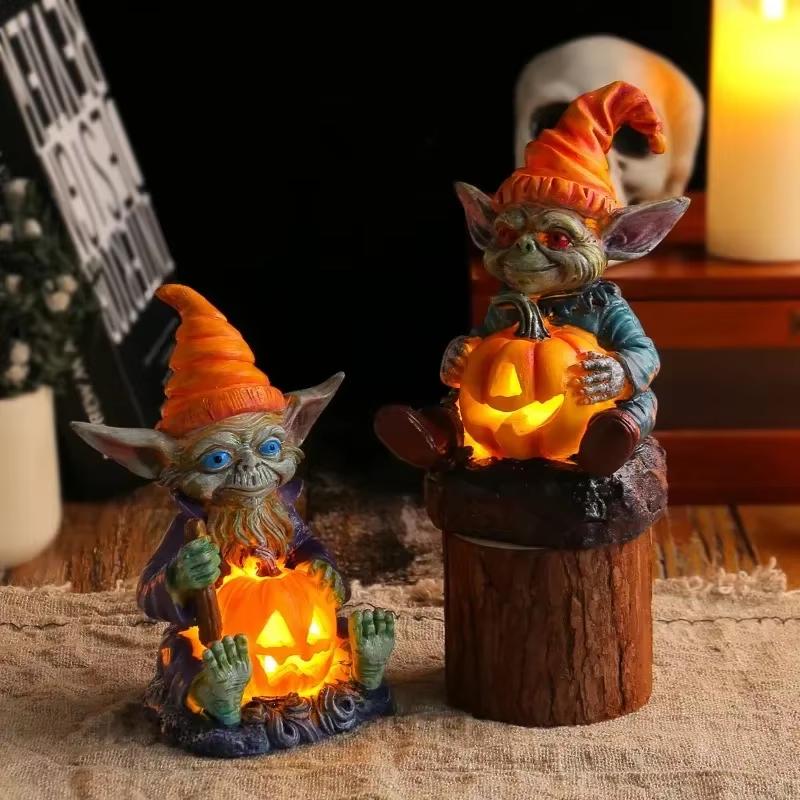 Halloween Decoration Hug Pumpkin Lantern Elf Resin Craft Decoration Home Desktop Glowing Dwarf Dwarf Doll Desktop Ornament