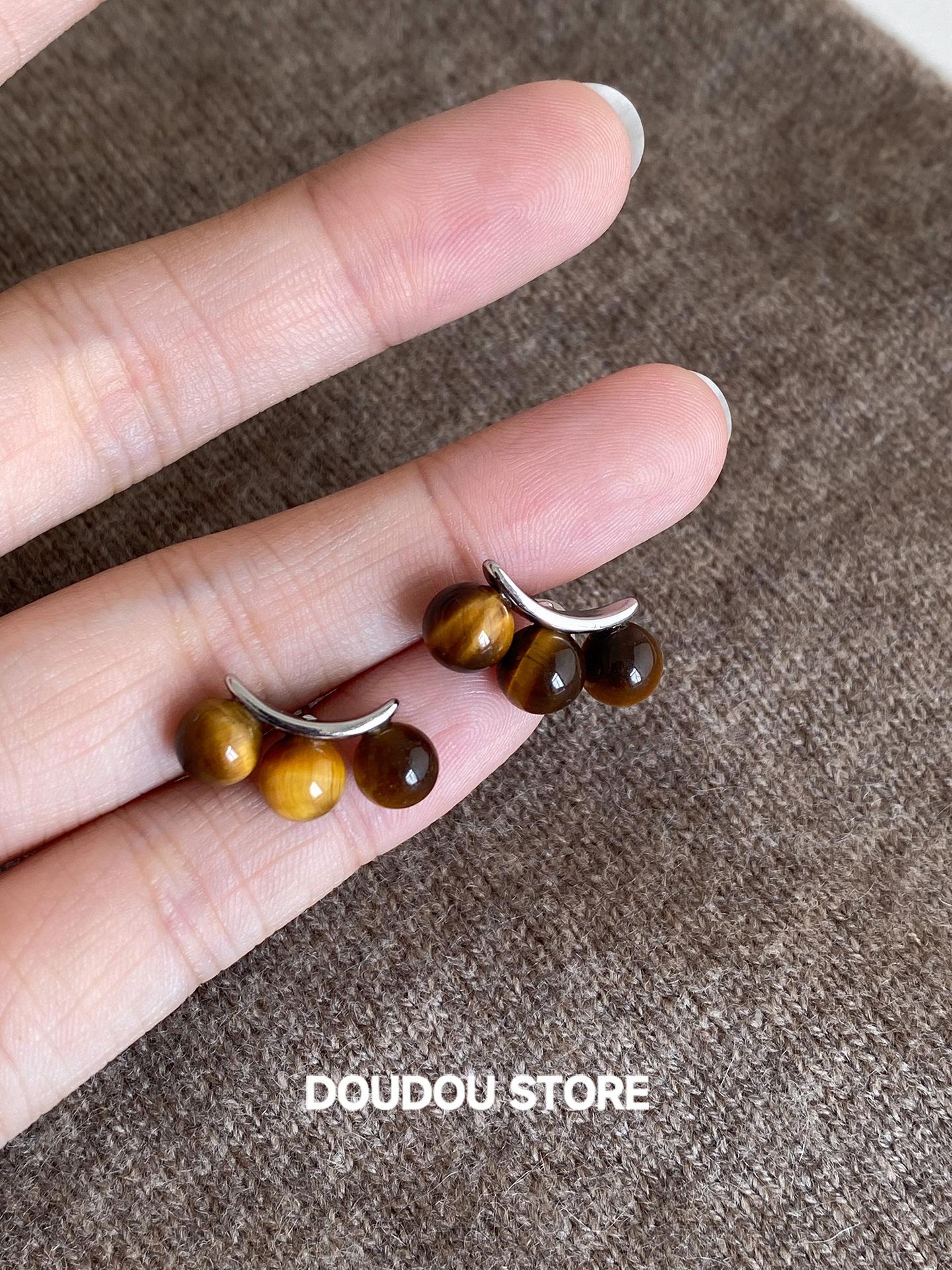 

French smile brackets 925 silver needle curvature geometric natural tiger s eye stone stud earrings simple