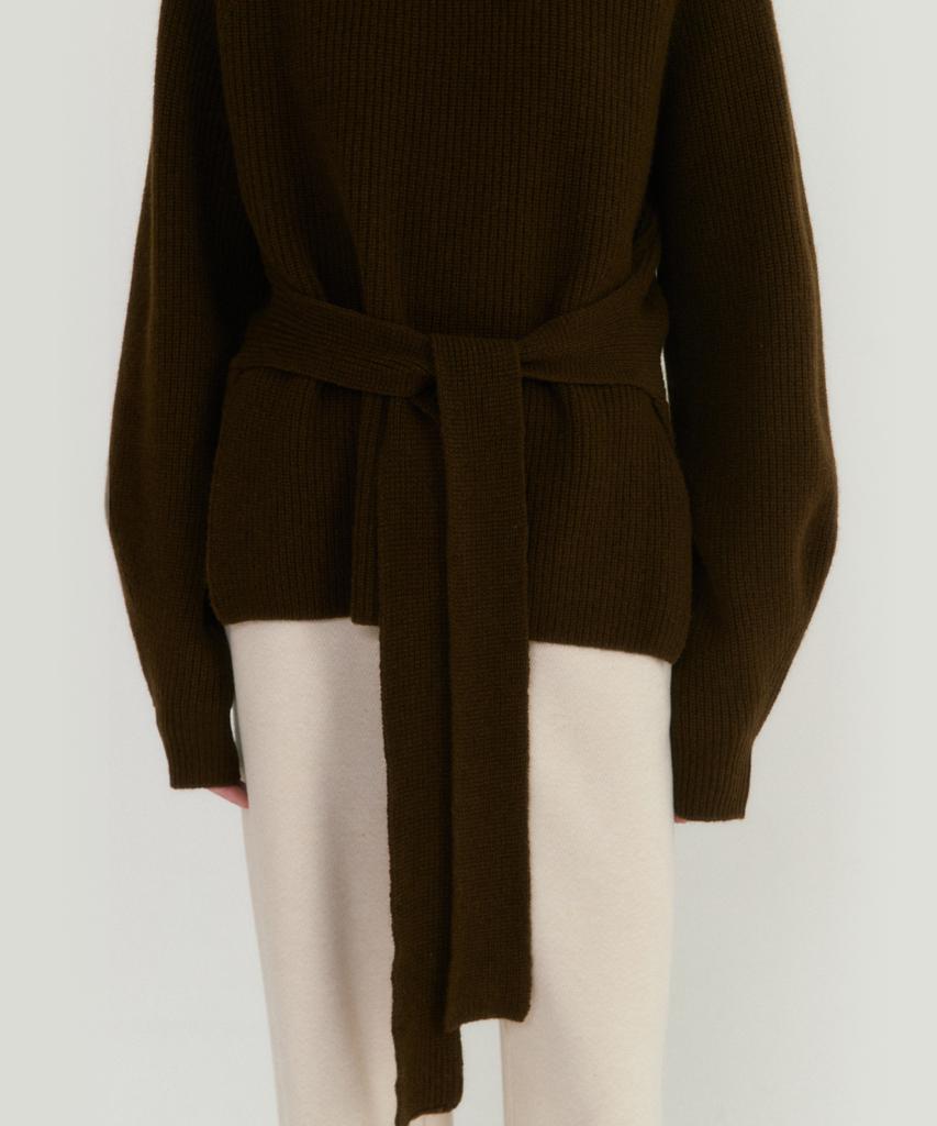 LEI AVERY Merino Wool Belted High-Neck Rib Knit (Brown)