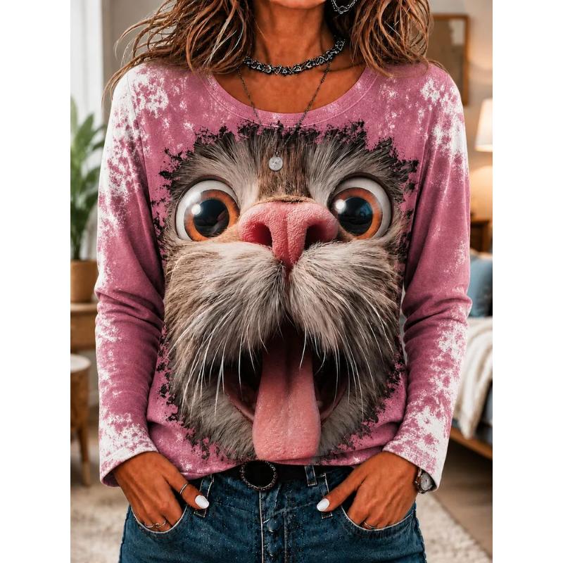 Fashion Women's Crew Neck Long Sleeve 3D Casual Color Printing Casual Long Sleeve Crew Neck T-Shirt