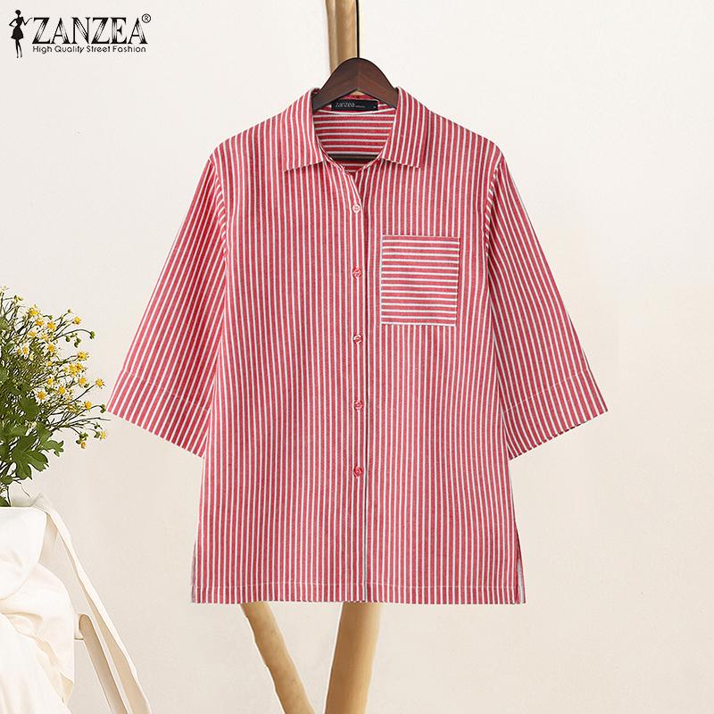 ZANZEA Women Casual Turn Down Collar Loose 3/4 Sleeve Stripe Blouse
