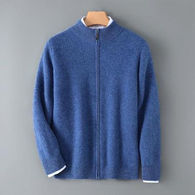 2025 Spring/Autumn Men's Thick Pure Wool Cardigan, Stand Collar, Loose Fit, Mid-Age Business Casual Outerwear Base Layer.