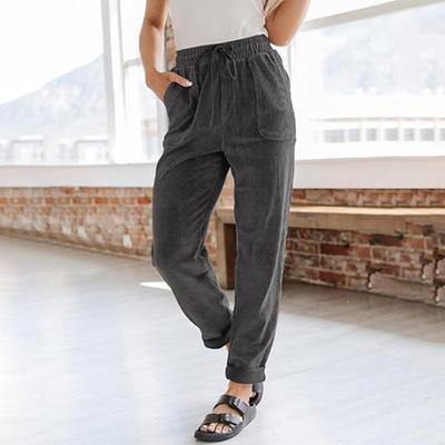 Damen Cordhose Hohe Taille Baggy Kordelzug Elastischer Bund Freizeithose Lockere Passform Gerade Beintaschen Arbeitshose