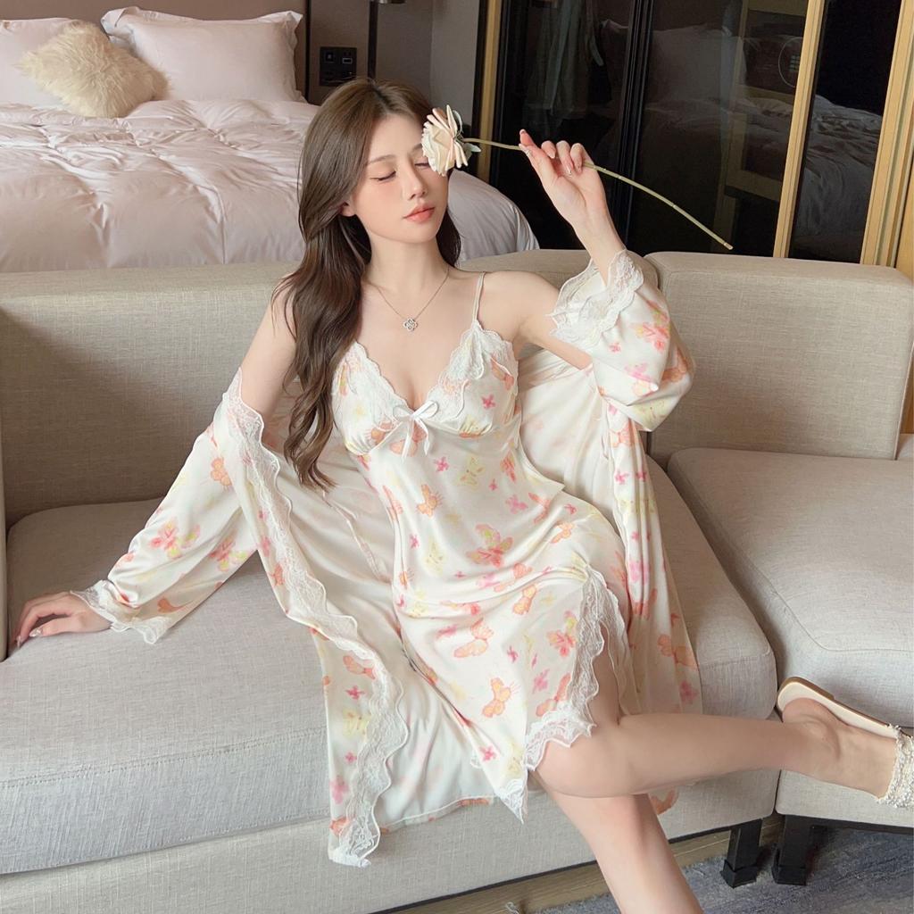 Ice silk pajamas women's new suspender nightgown ins nightgown two-piece set with chest pad sexy printed loungewear long sleeves