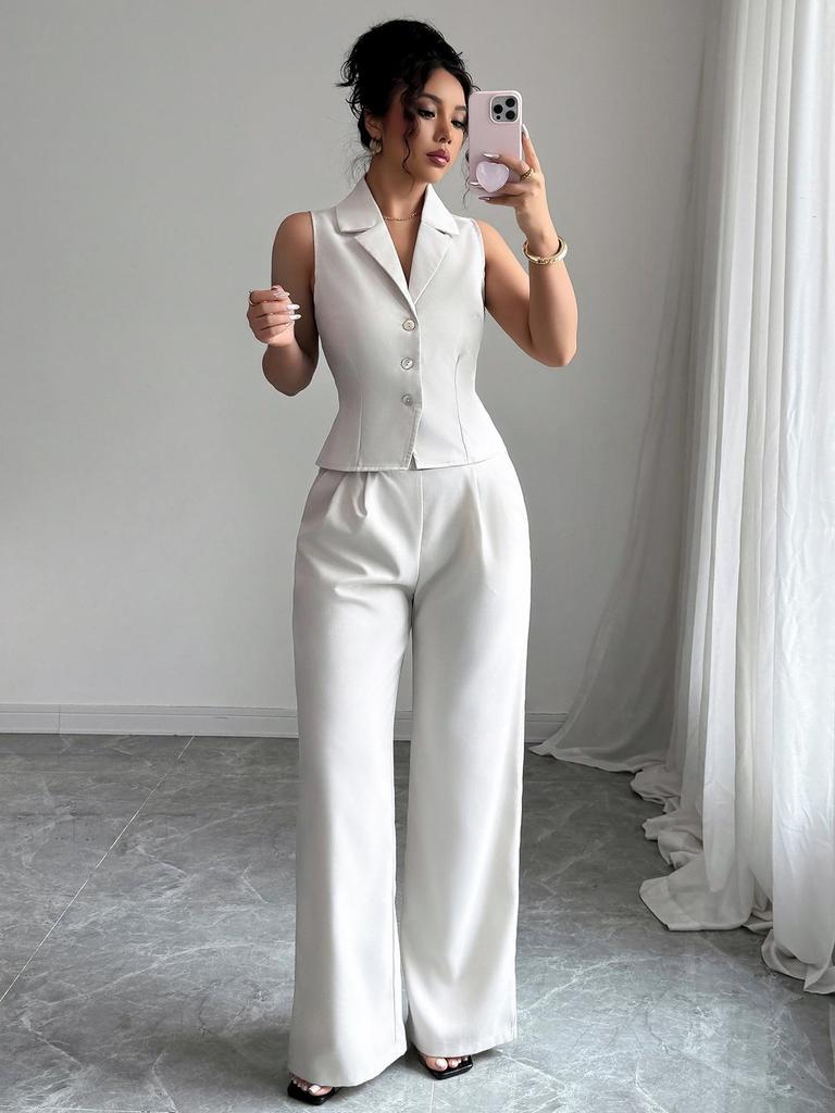 Set de vară în stil francez european-american cu vestă cu nasturi și pantaloni lungi pentru femei - 2025