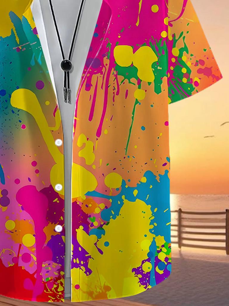 Hawaiian Multicolor Graffiti Design Pattern Print Collar Shirt, Short Sleeve, Loose Fit, Hawaiian Summer Party And Holiday Shirt