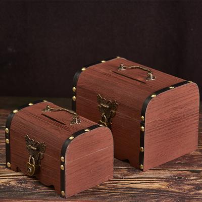 1PC Small Classic Treasure Chest Savings Box with Secure Lock for Home Ornamentation Solid Wood With Butterfly Button Love Lock