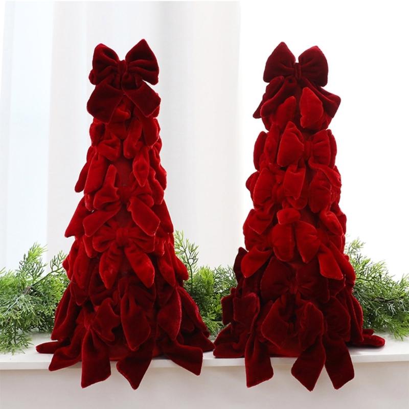 Red Christmas Tree Decoration Soft Velvety Layered Bowknot Tabletop Ornament for Holiday Tabletop Shelves and Mantels Indoor Display