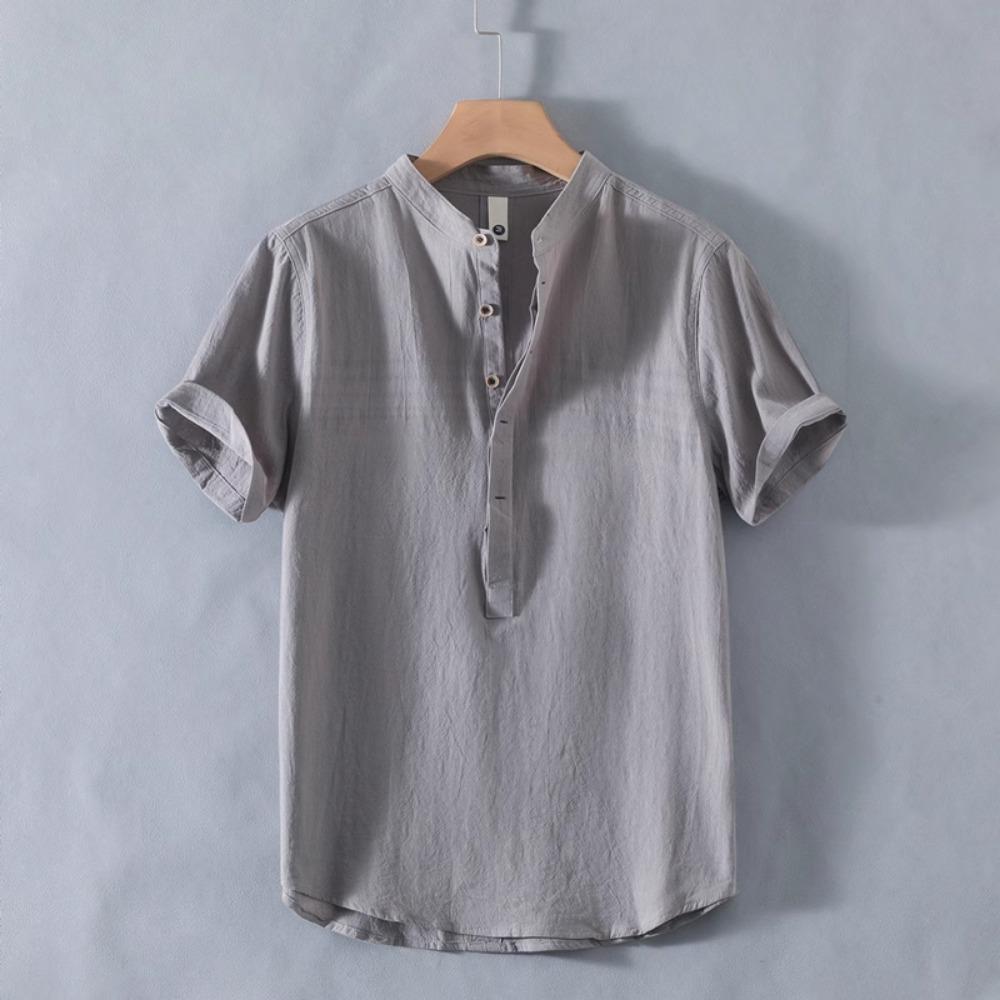 

2026 Summer New Men s Short-sleeved Shirt Fashion Casual Loose Comfortable Solid Color Cardigan Lapel Beach Men s Short-sleeved Shirt XXXXXL сірий